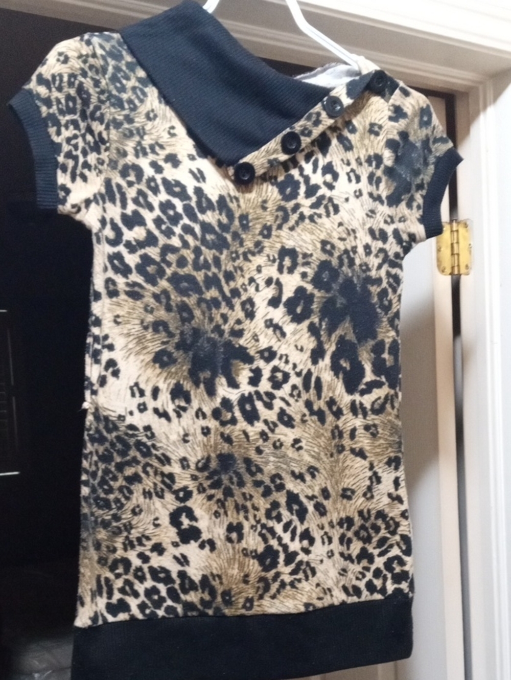 Leopard-Print Mini Dress with Buttoned Asymmetric Collar - Black & Cream